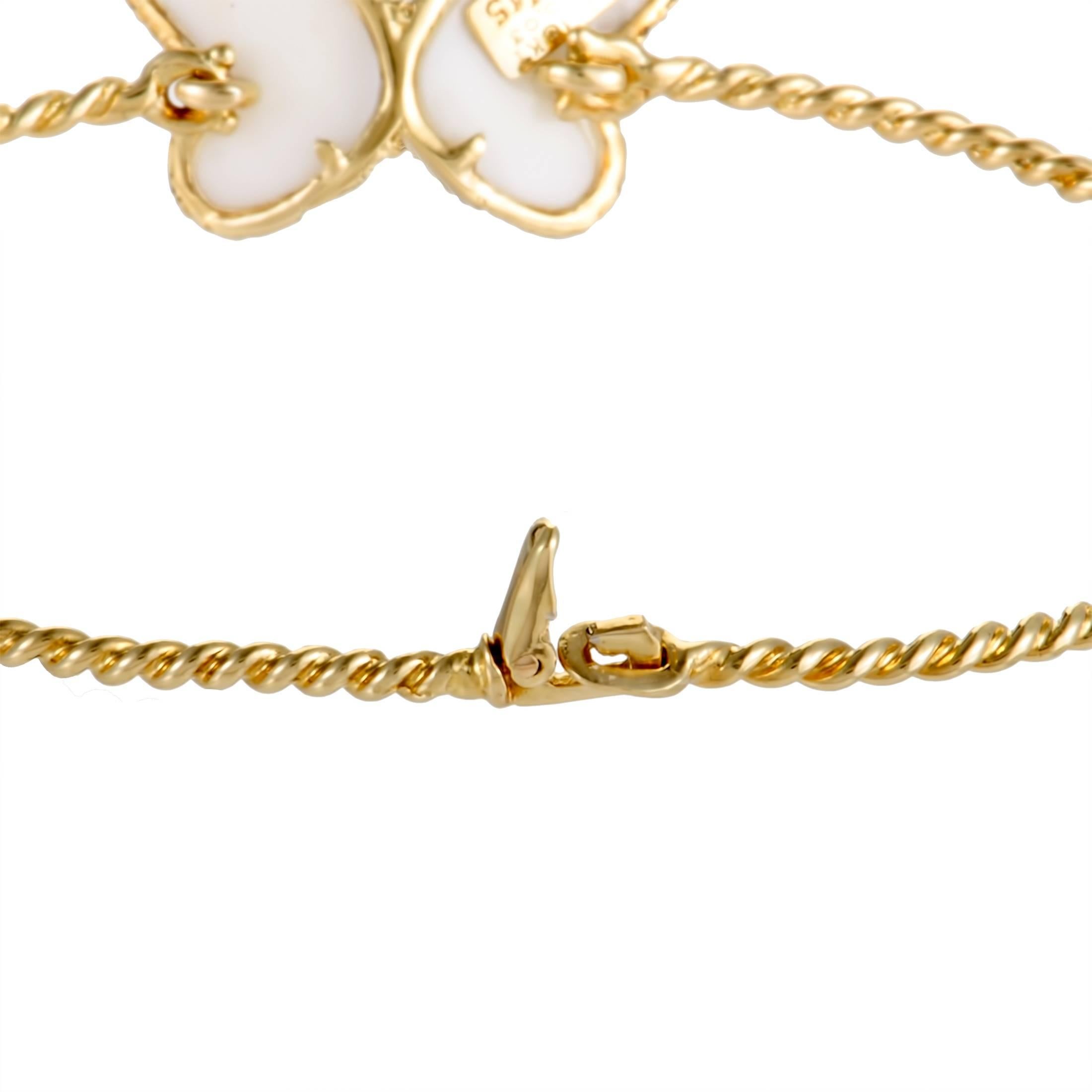 Round Cut Van Cleef & Arpels Diamond and White Coral Yellow Gold Butterfly Bangle Bracelet