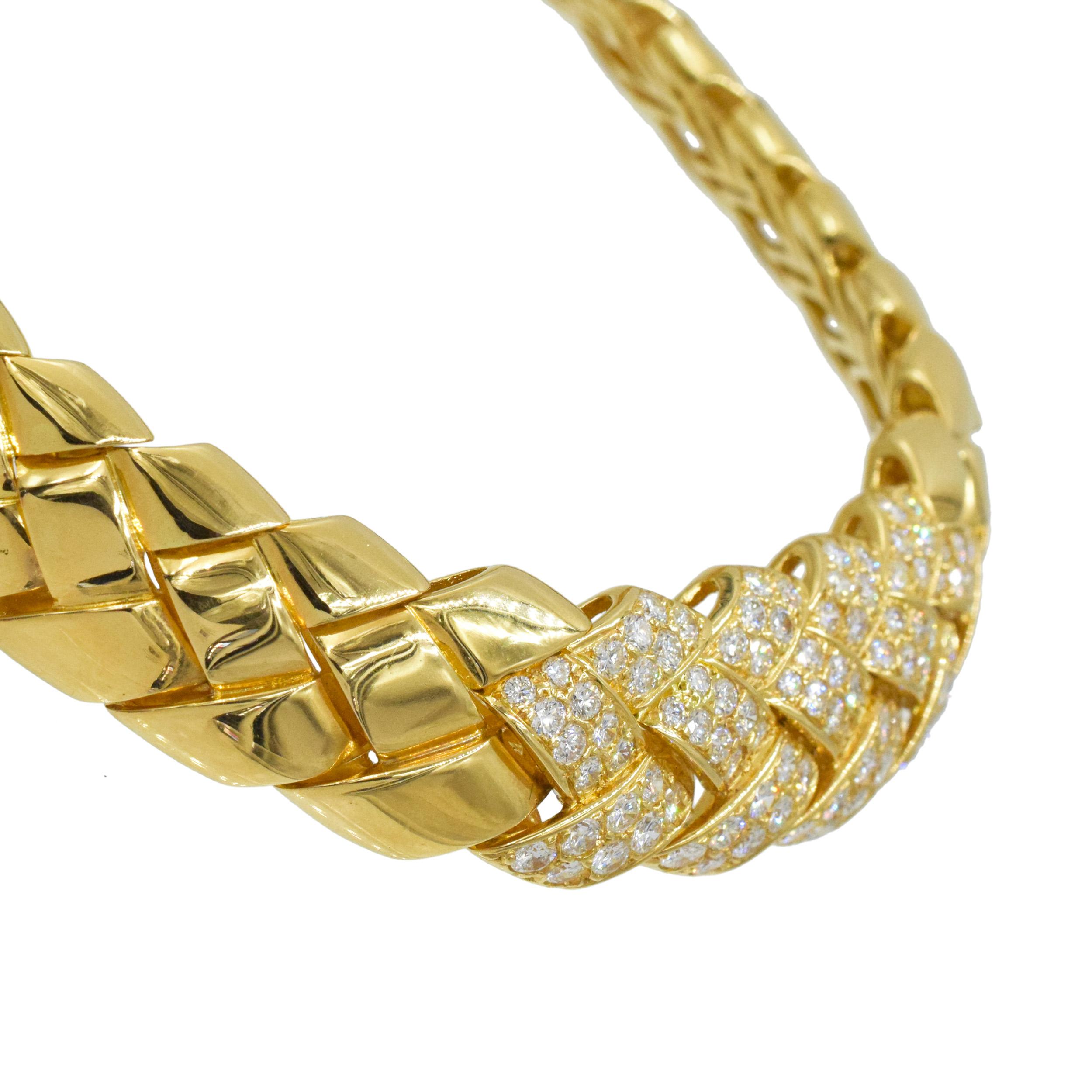 Van Cleef & Arpels Diamond and Yellow Gold Necklace This necklace has a woven motif with 96 round diamonds weighing approximately 6 carats all set in 18k  yellow gold. Signed Van Cleef & Arpels,
 750, Serial Number xxxx
Made in France signed and