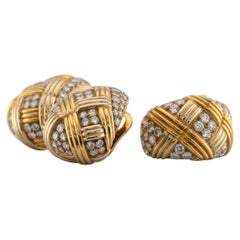 Van Cleef & Arpels Diamond Basket-Weave Ring and Earrings Suite in 18K Yellow Go