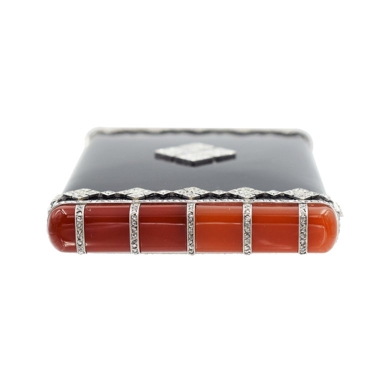Van Cleef & Arpels Diamond, Black Enamel, and Orange Gemstone Compact For Sale 1