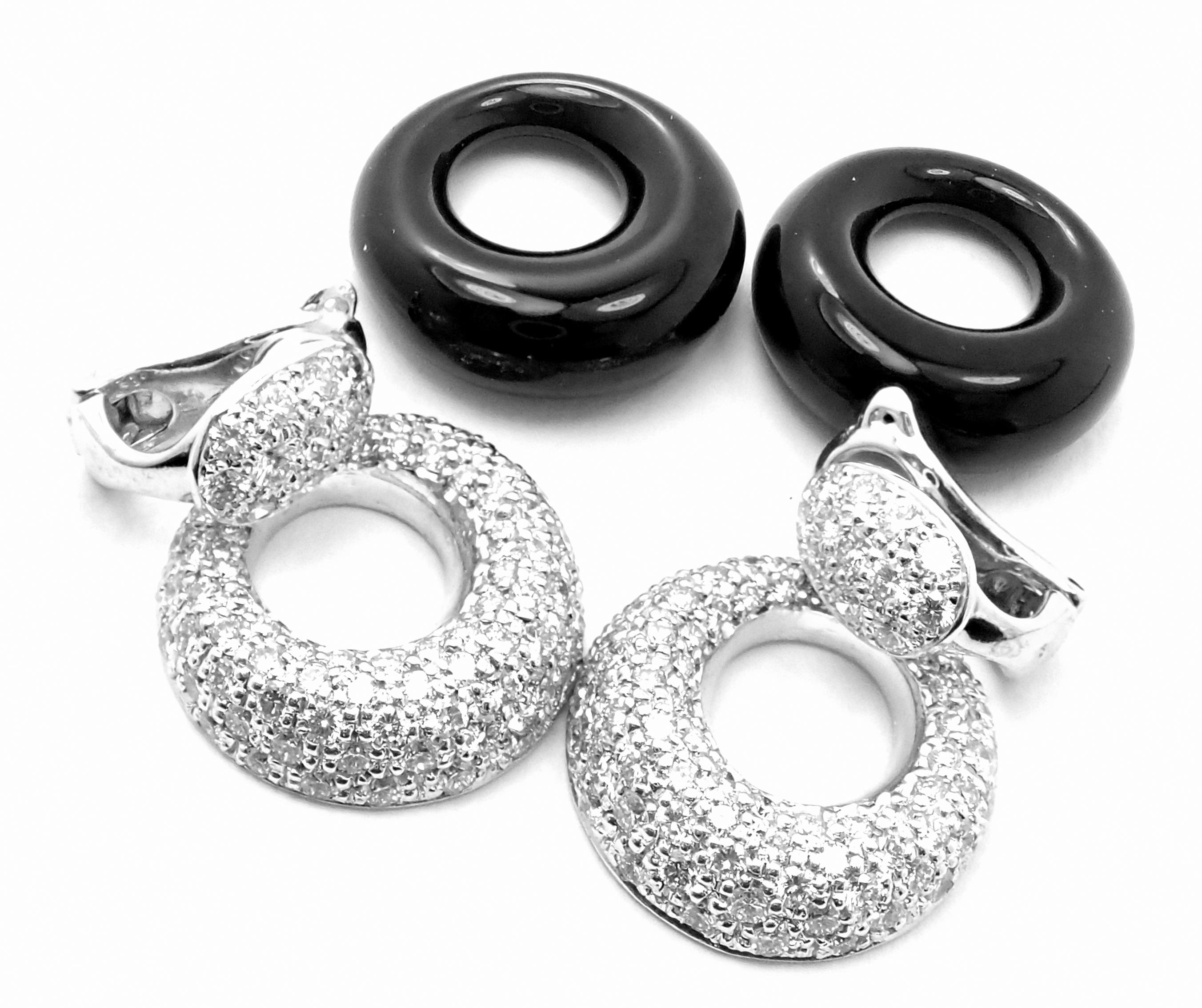 18k White Gold Vintage Diamond And Black Onyx Door Knocker Earrings by Van Cleef & Arpels. 
With round brilliant cut diamonds VVS1 clarity, E color total weight approximately 4ct
These earrings come with Van Cleef & Arpels box and a service paper