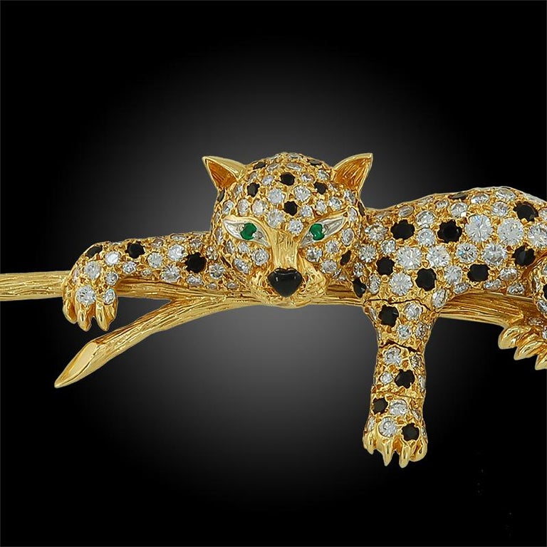 Van Cleef and Arpels Diamond, Black Onyx, Emerald Leopard Brooch For