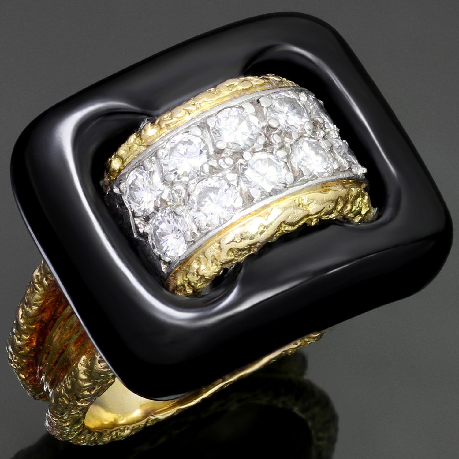 This stunning retro Van Cleef & Arpels ring is crafted in 18k textured yellow gold and beautifully complemented with carved black onyx and brilliant-cut round diamonds of an estimated 0.60 carats. Made in France circa 1960s. Measurements: 0.62