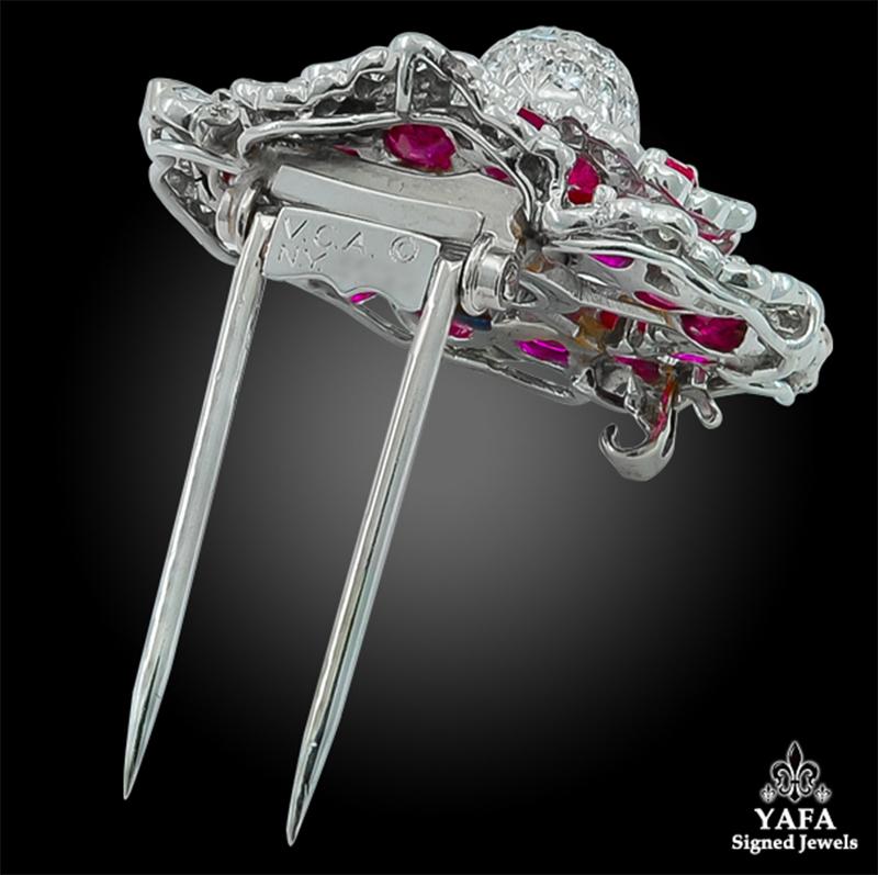 Van Cleef & Arpels Diamond Burma Ruby Platinum Camélia Flower Brooch In Good Condition In New York, NY