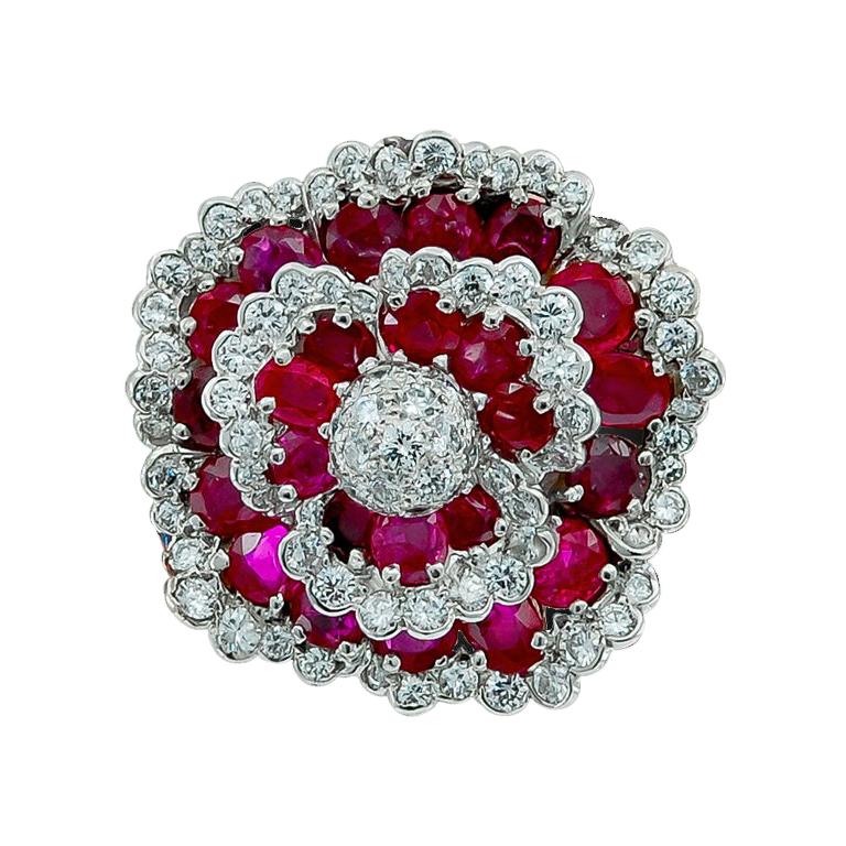 Van Cleef & Arpels Diamond Burma Ruby Platinum Camélia Flower Brooch