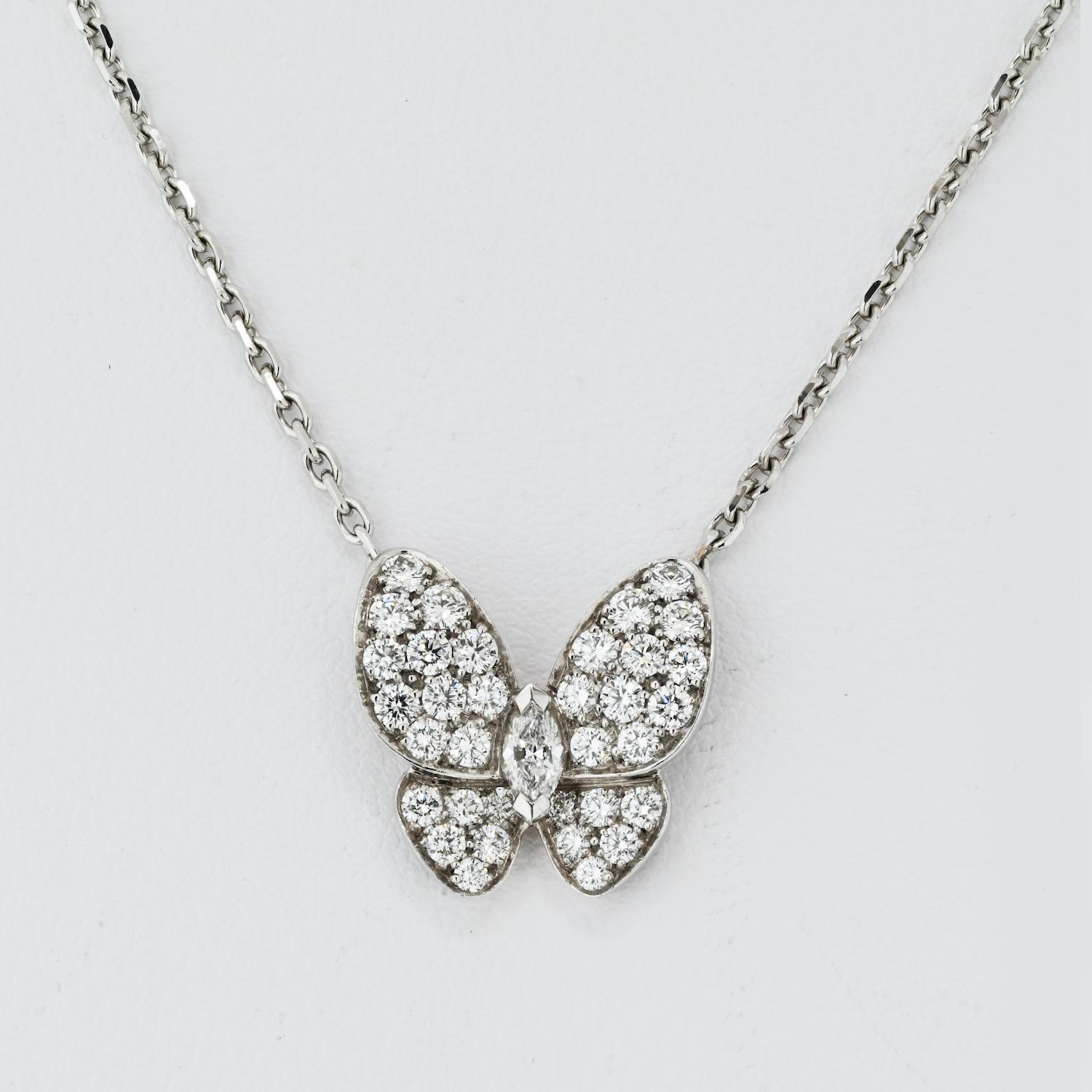 Modern Van Cleef & Arpels Diamond Butterfly Papillon White Gold Necklace For Sale