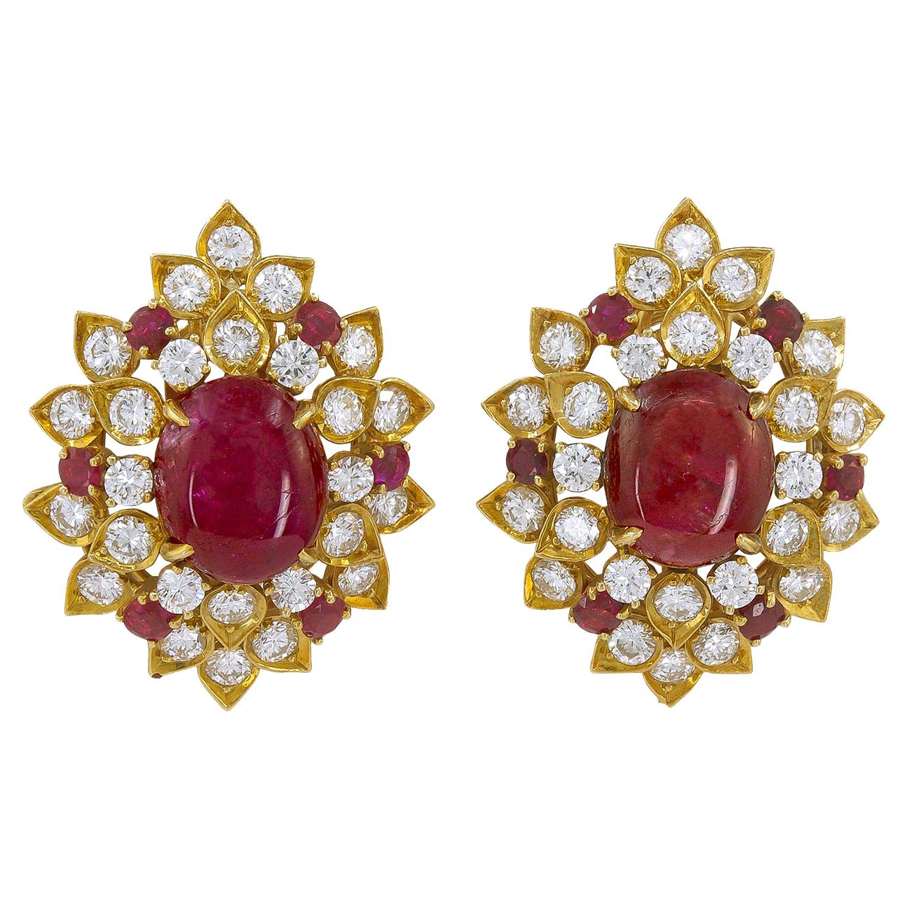 Van Cleef & Arpels Diamond Cabochon Ruby Yellow Gold Ear Clips