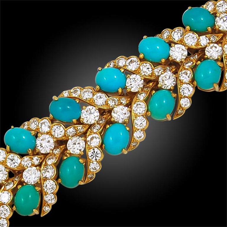 Van Cleef and Arpels Diamond, Cabochon Turquoise Bracelet For Sale at ...