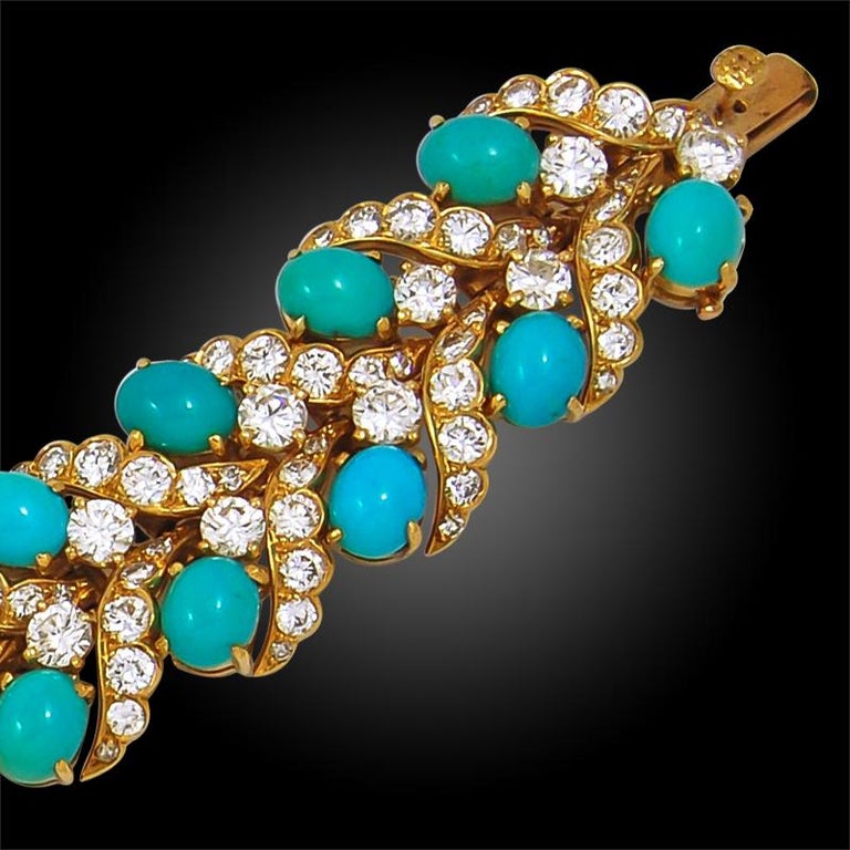 Van Cleef and Arpels Diamond, Cabochon Turquoise Bracelet For Sale at ...