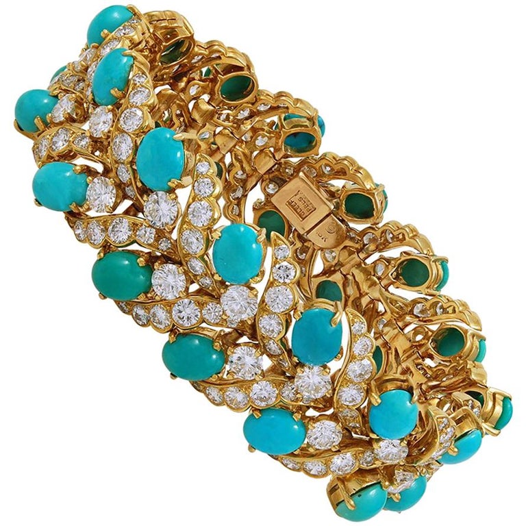 Van Cleef and Arpels Diamond, Cabochon Turquoise Bracelet For Sale at