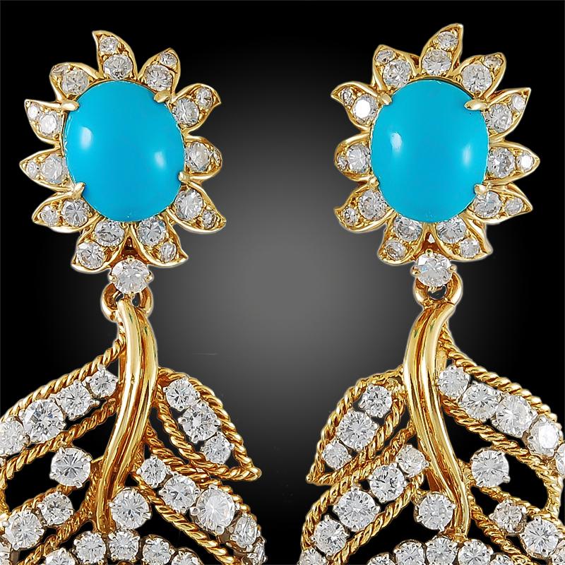 Women's Van Cleef & Arpels Diamond, Cabochon Turquoise Ear Clips