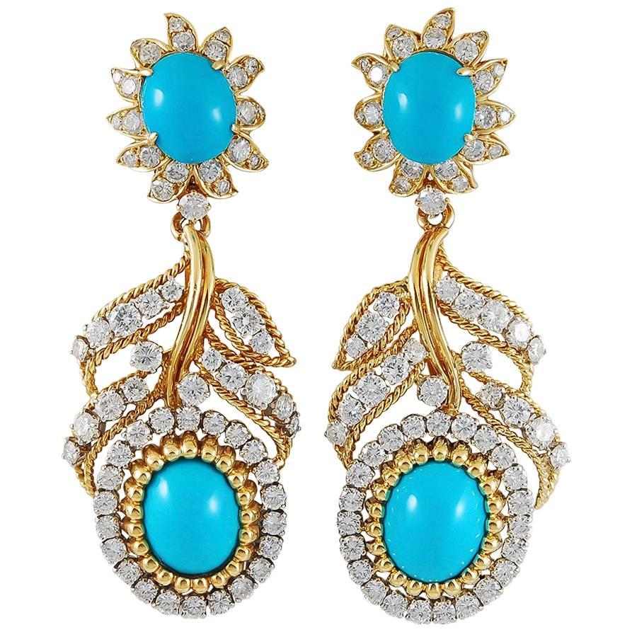 Van Cleef & Arpels Diamond, Cabochon Turquoise Ear Clips