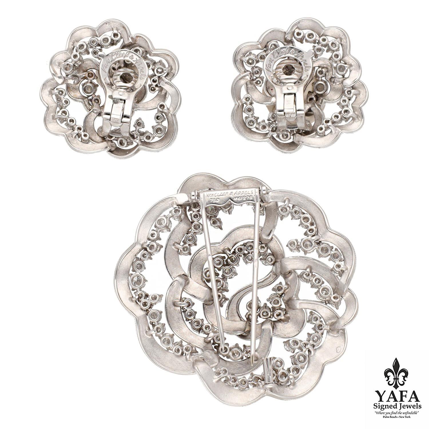 Women's or Men's VAN CLEEF & ARPELS Diamond Camellia Brooch and Earrings For Sale