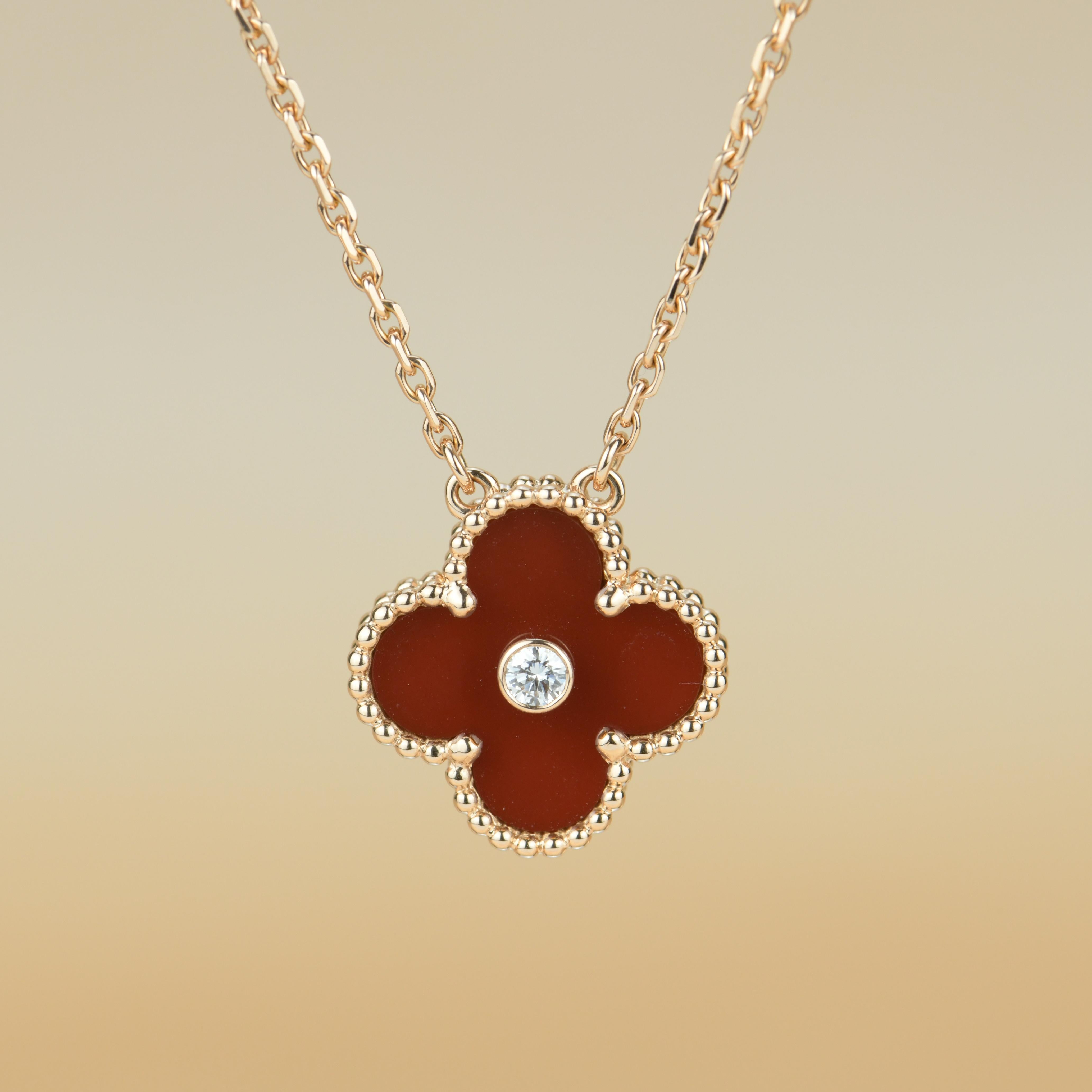 18K Rose Gold Limited Edition Alhambra Diamond And Carnelian Necklace was released in 2011 Christmas as the holiday pendant. VCA doesn't create this version anymore, truly collective piece!

One of the rarest designs in holiday limited