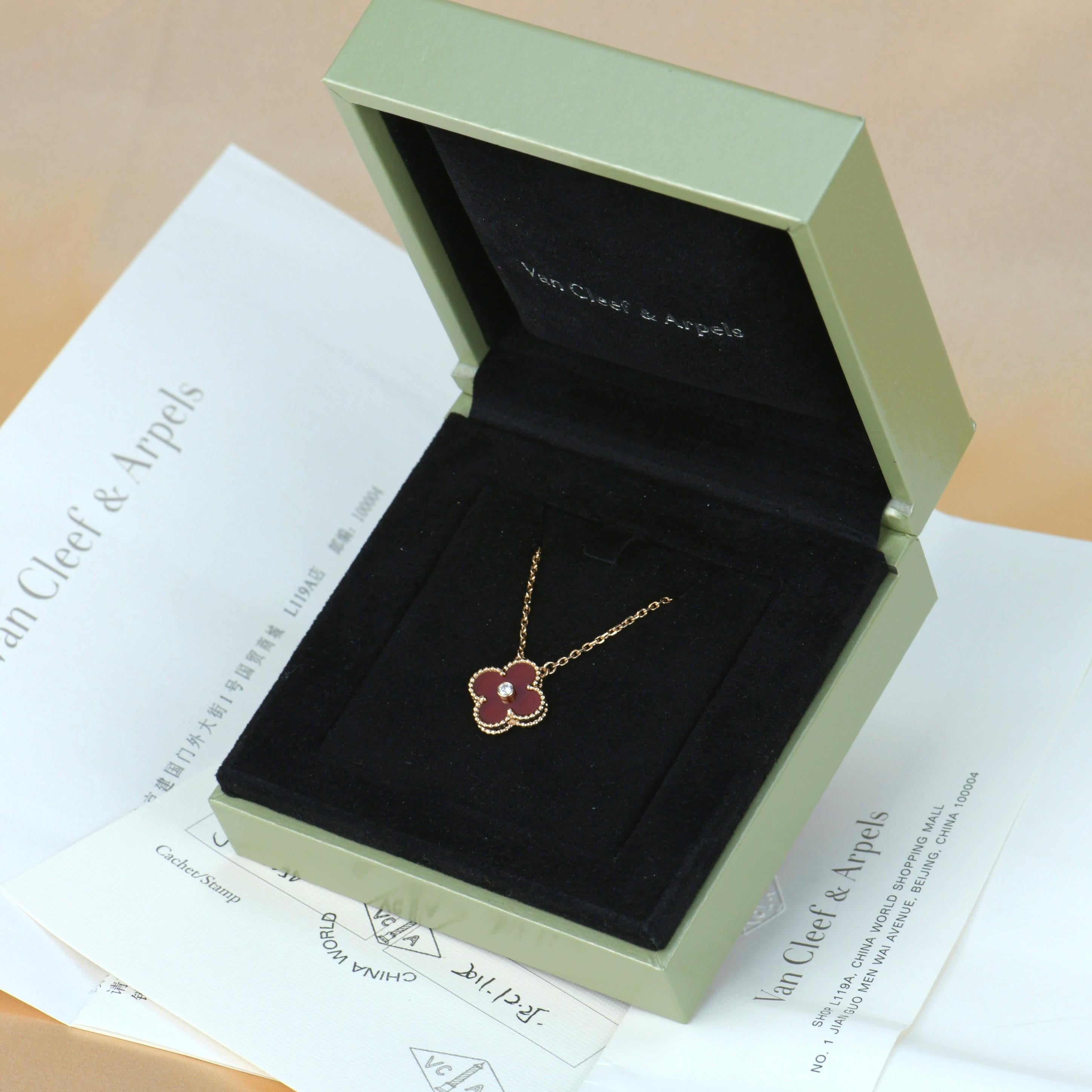 Brilliant Cut Van Cleef & Arpels Diamond Carnelian Limited Edition Alhambra Rose Gold Necklace