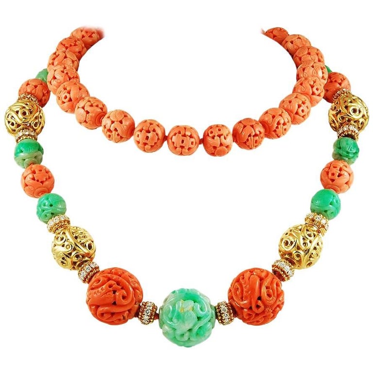 Van Cleef and Arpels Diamond, Carved Coral, Jade Bead Necklace
