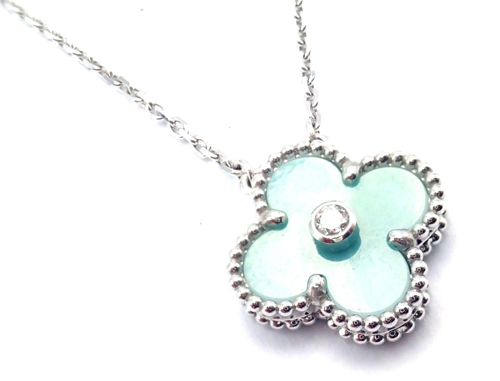 Van Cleef & Arpels Diamond Celadon Sevres Porcelain White Gold Alhambra Necklace In Excellent Condition For Sale In Holland, PA