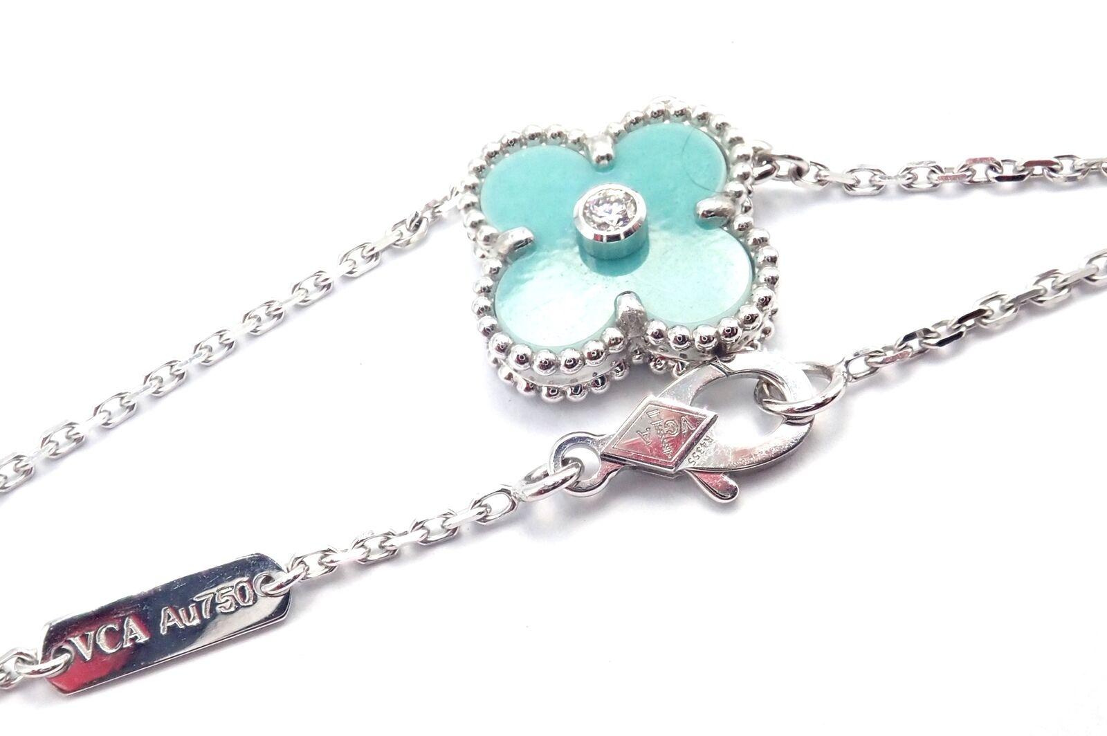 Van Cleef & Arpels Diamond Celadon Sevres Porcelain White Gold Alhambra Necklace For Sale 4