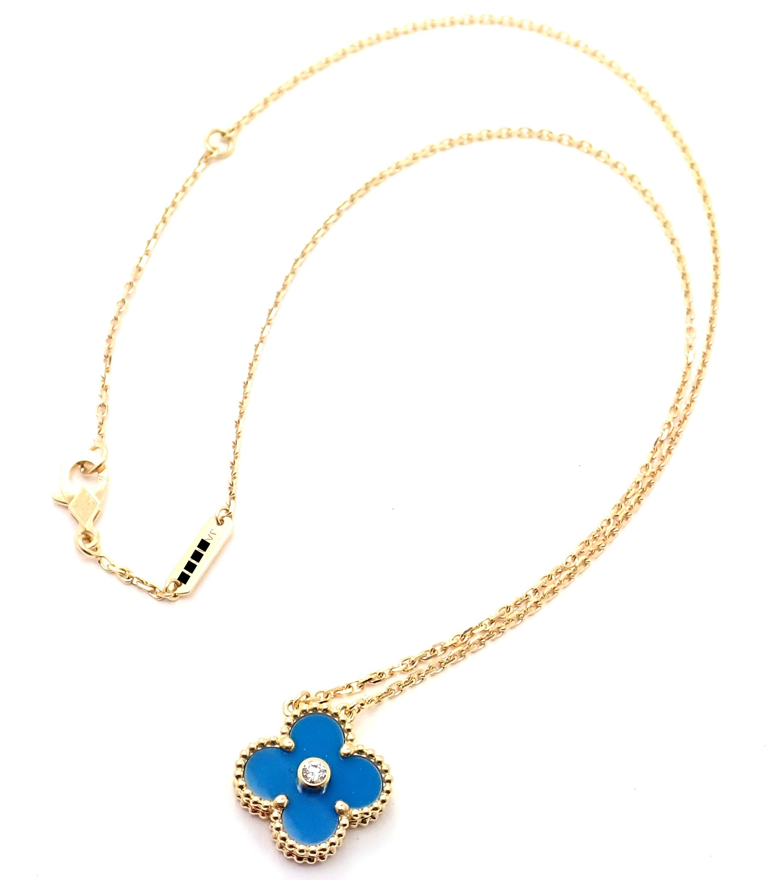 18k Yellow Gold Limited Edition Alhambra Diamond Celestial Blue Sèvres Porcelain Alhambra Necklace.
With 1 alhambra shape Blue Sevres Porcelain
1 round brilliant cut diamond VVS1 clarity, E color total weight approximately .05ct
This necklace comes