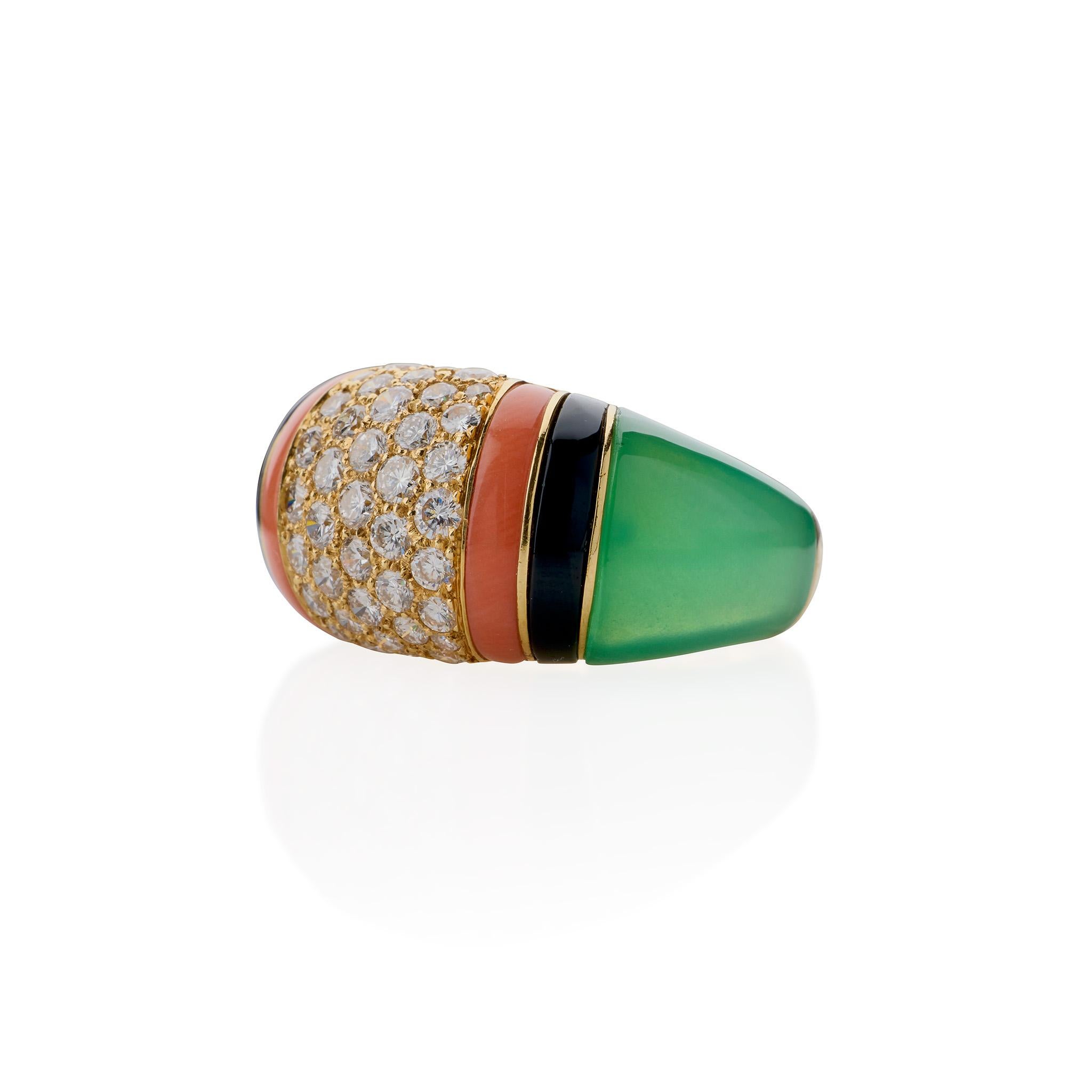 Brilliant Cut Van Cleef & Arpels Diamond, Chrysoprase and Coral Bombé Ring For Sale