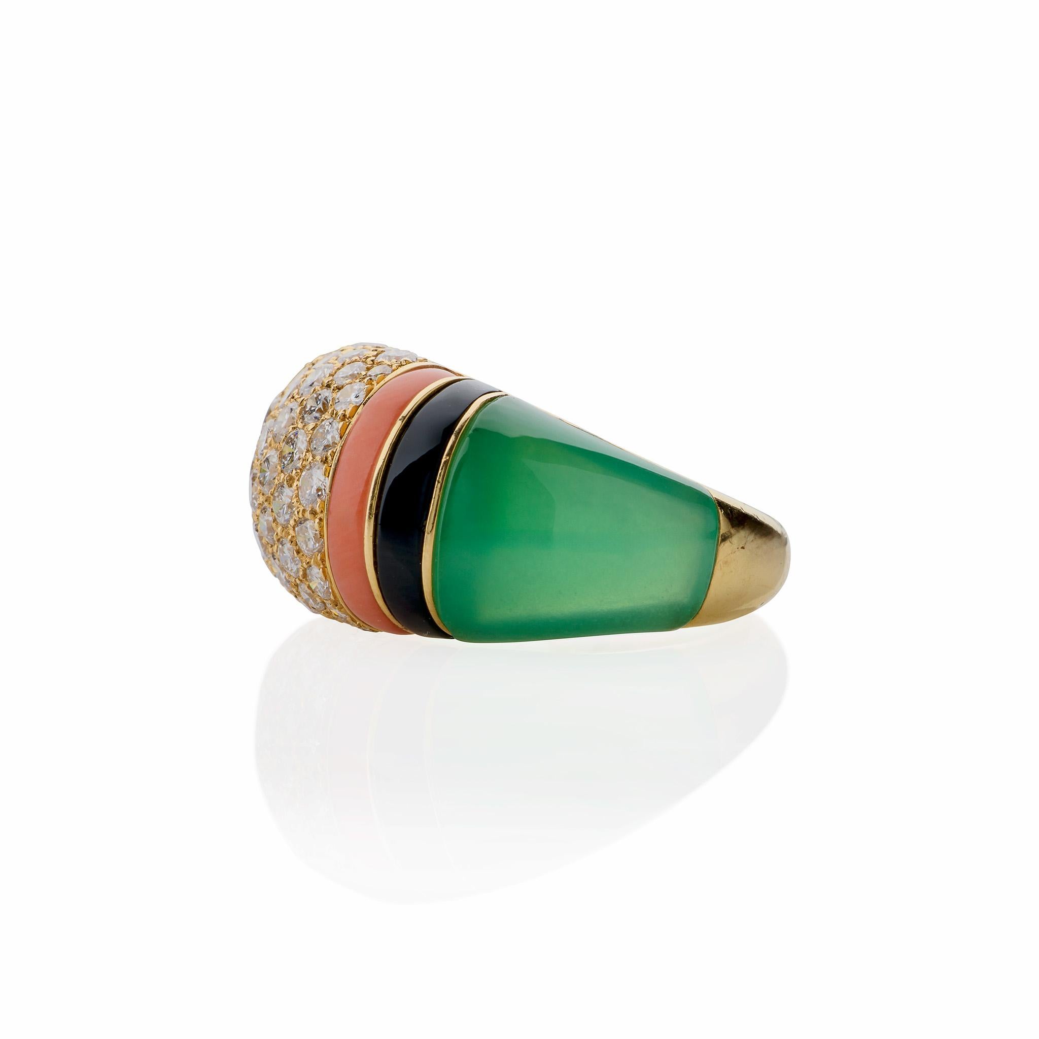 Van Cleef & Arpels Diamond, Chrysoprase and Coral Bombé Ring In Excellent Condition For Sale In New York, NY