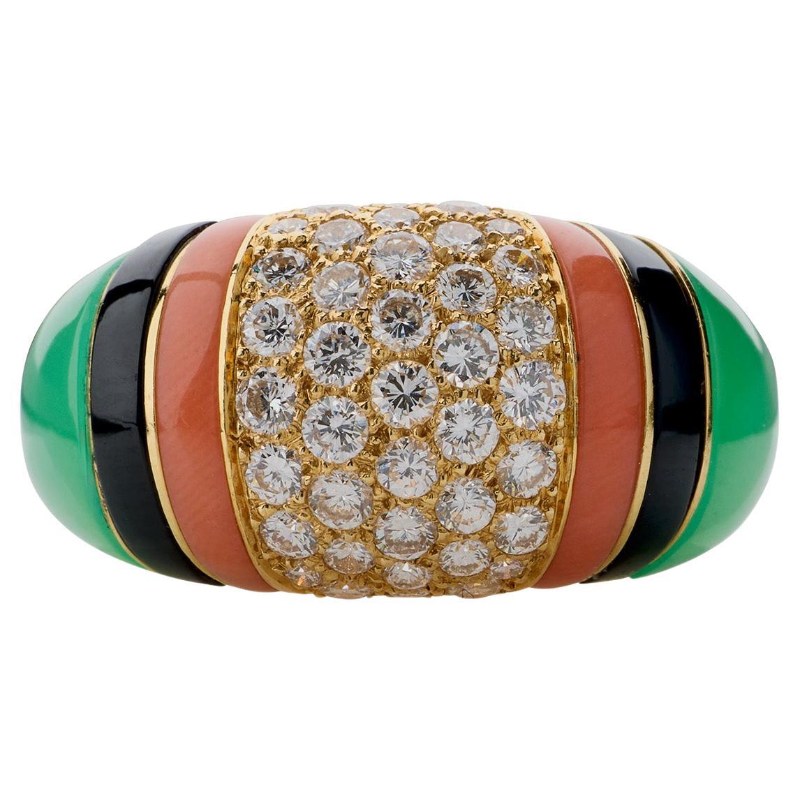 Van Cleef & Arpels Diamond, Chrysoprase and Coral Bombé Ring