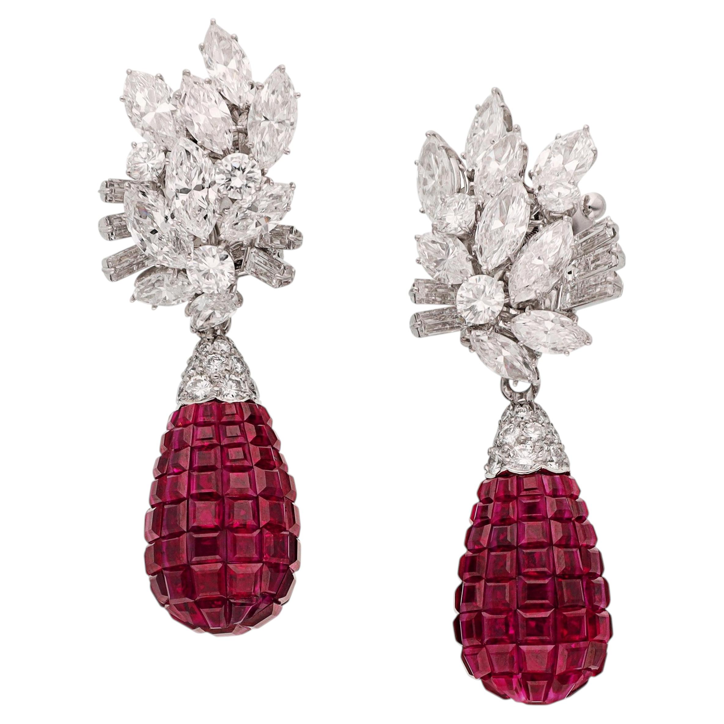 VAN CLEEF & ARPELS Diamond Cluster and Ruby Pendant 'Mystery-Set' Ear Clips