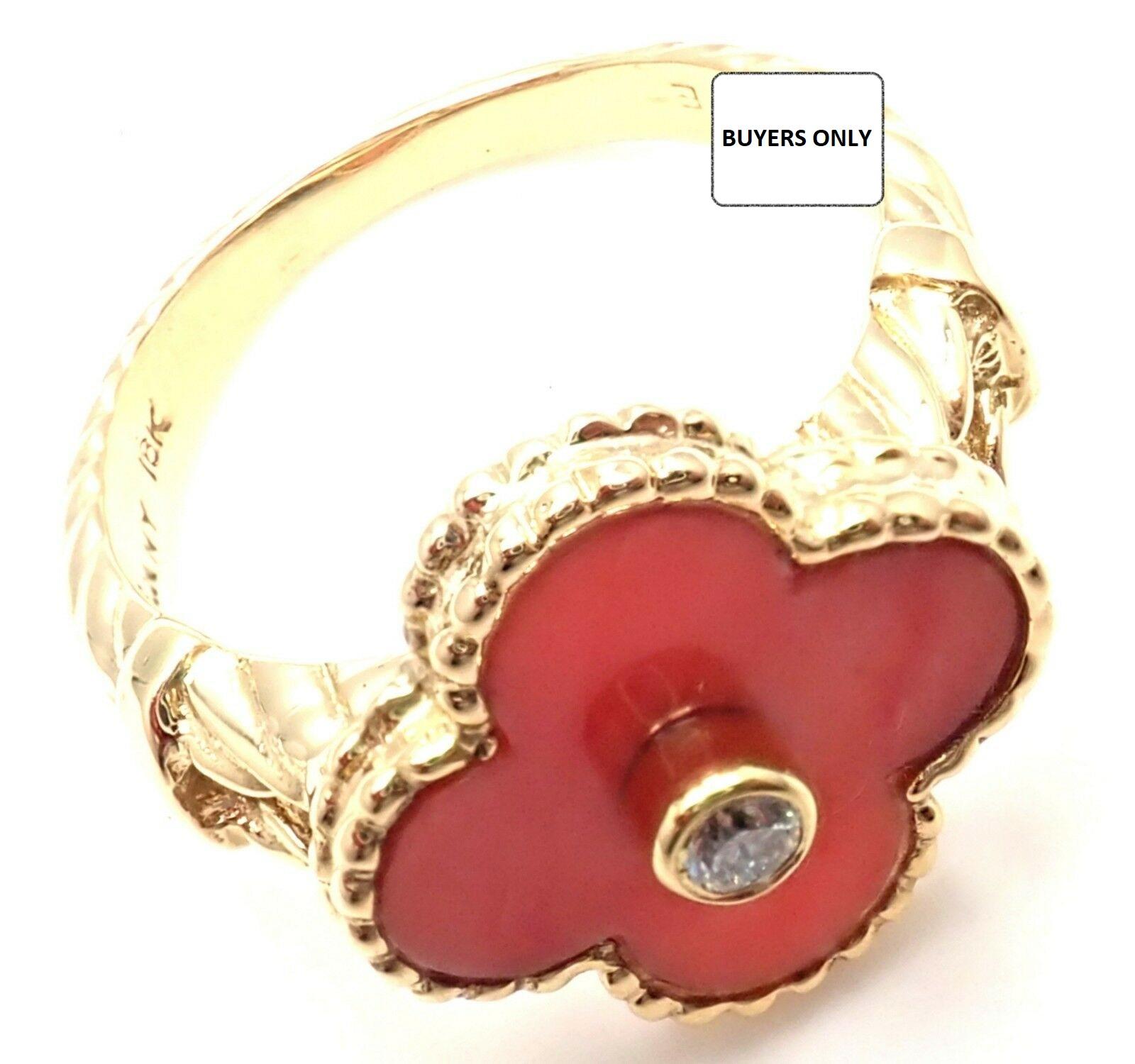 Van Cleef & Arpels Diamond Coral Alhambra Yellow Gold Ring For Sale 2