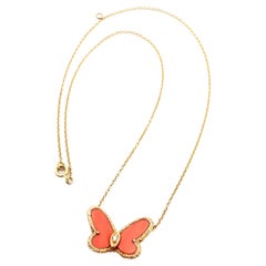Vintage Van Cleef & Arpels Diamond Coral Butterfly Yellow Gold Pendant Necklace