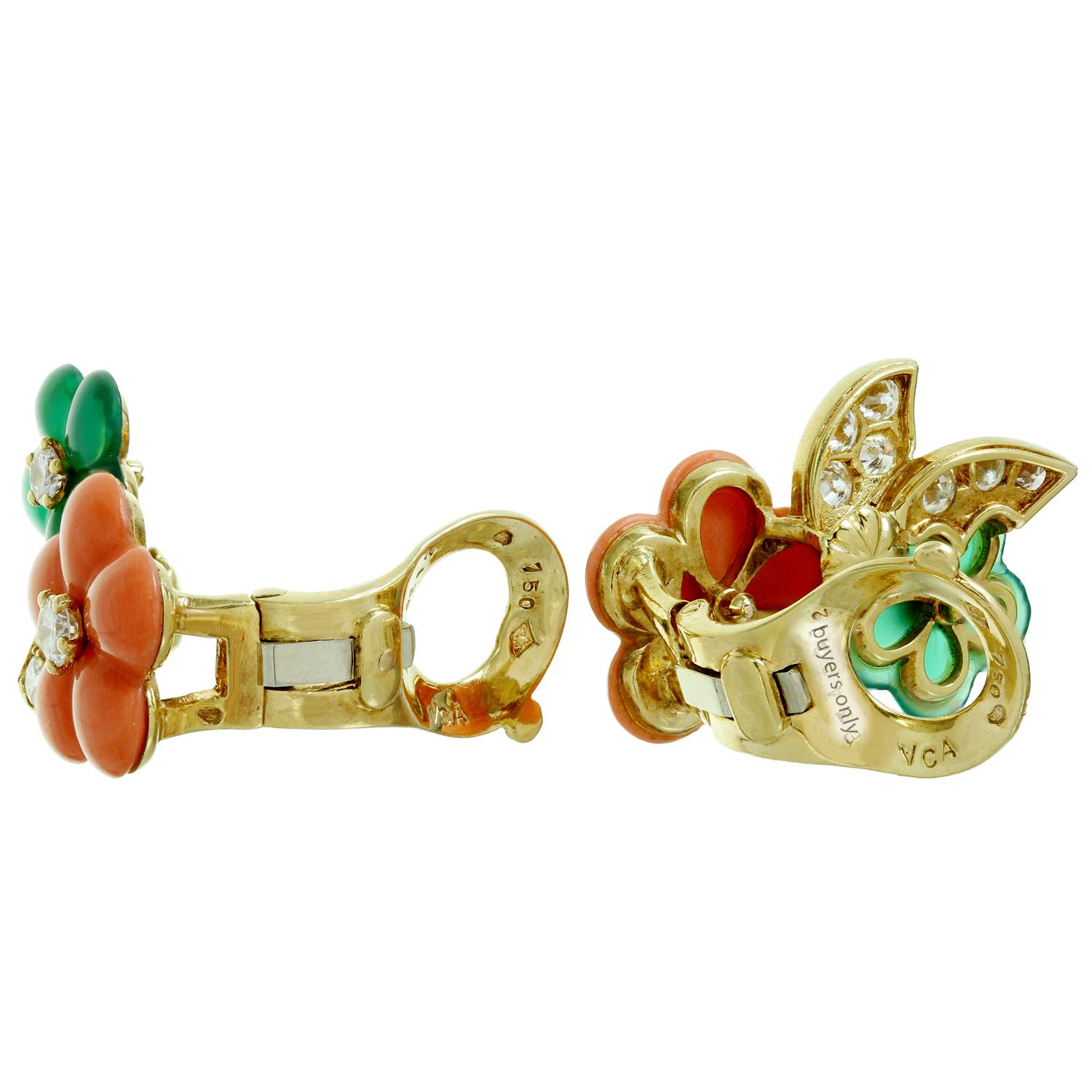 Women's Van Cleef & Arpels Diamond Coral Chalcedony Yellow Gold Flower Earrings