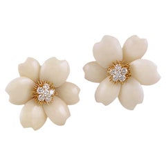 Van Cleef & Arpels Diamond Coral Yellow Gold Rose de Noël Earrings