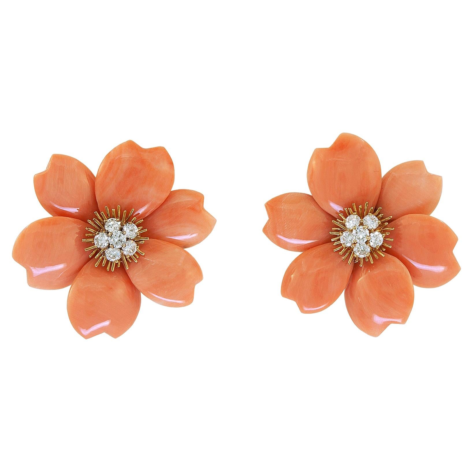 Van Cleef & Arpels Diamond, Coral Flower Earrings For Sale