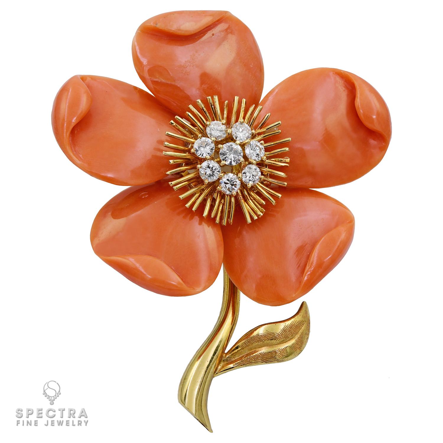 Mixed Cut Van Cleef & Arpels Diamond Coral Clematis Brooch, circa 1960s For Sale