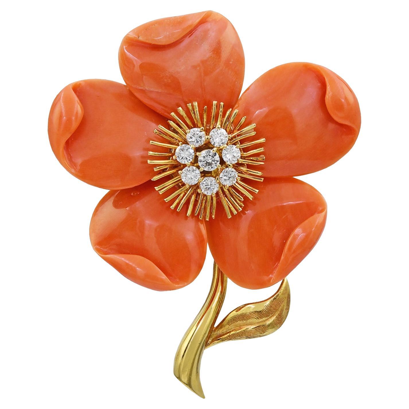 Van Cleef & Arpels Diamond Coral Clematis Brooch, circa 1960s For Sale