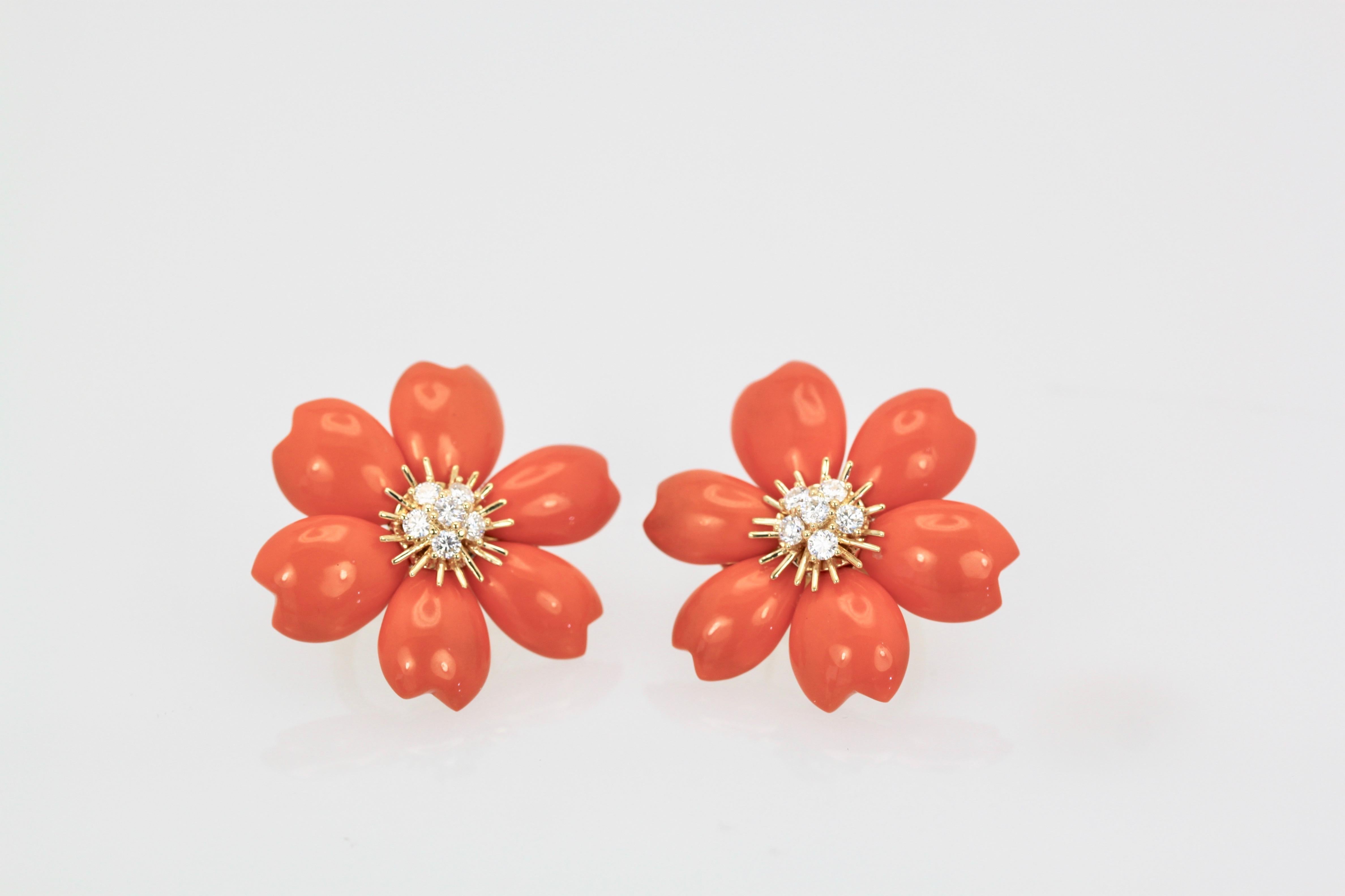 These VCA Diamond Coral Rose de Noel Earrings are a perfect match to the Rose de Noel Brooch I just listed.  These earrings are the medium model, they are 1 1/2