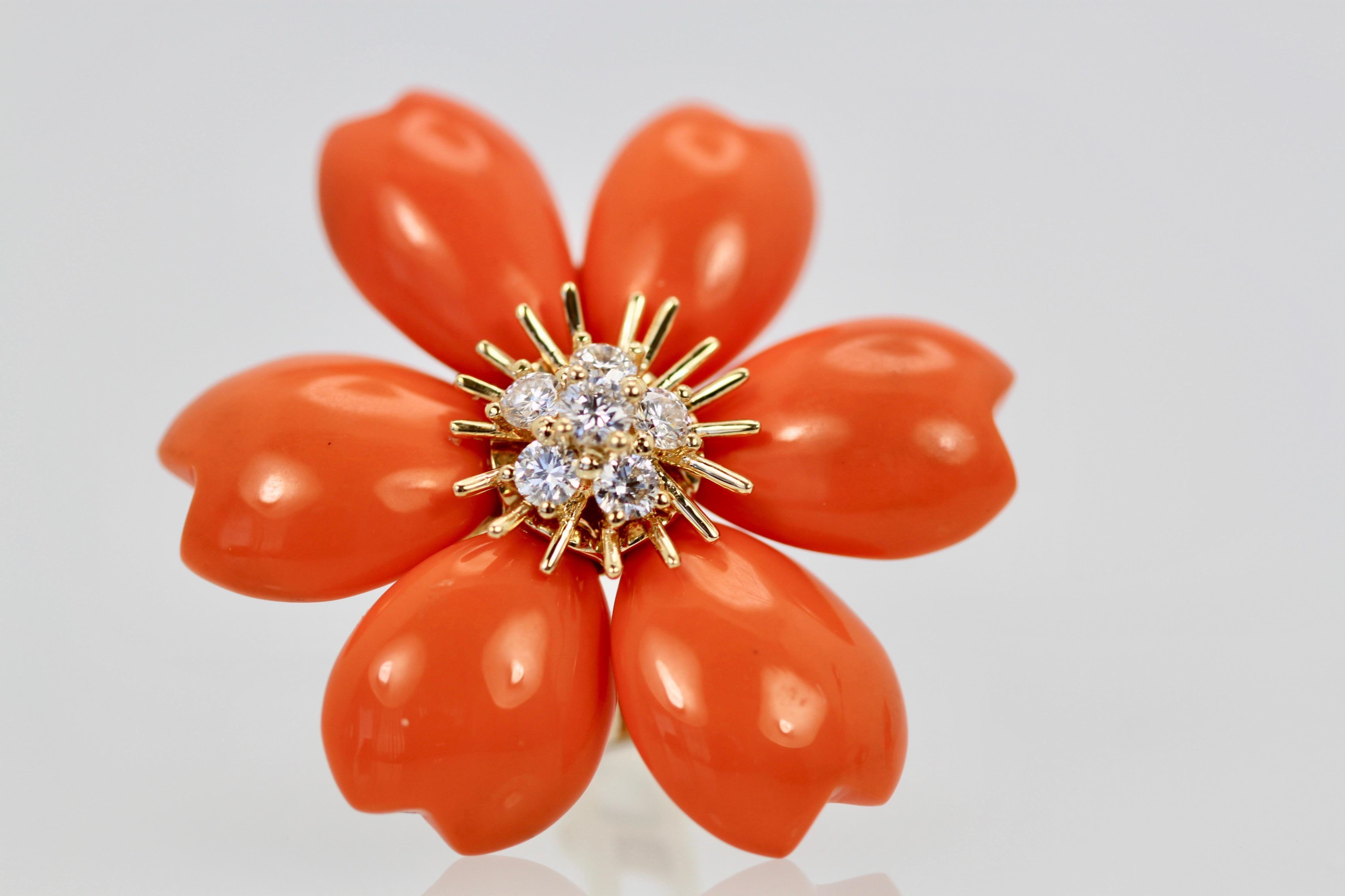 Modern Van Cleef & Arpels Diamond Coral Rose de Noel Earrings