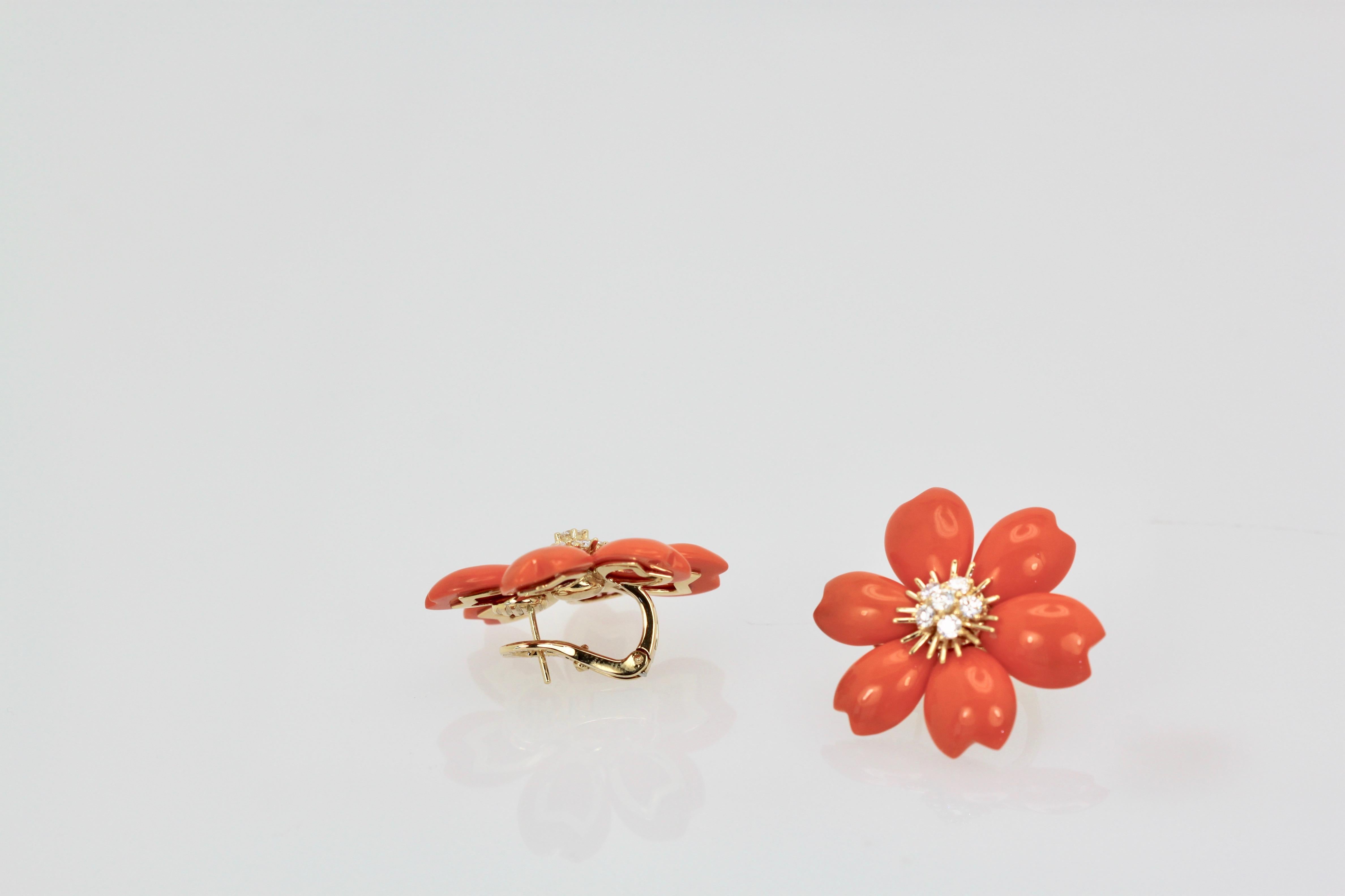 Round Cut Van Cleef & Arpels Diamond Coral Rose de Noel Earrings