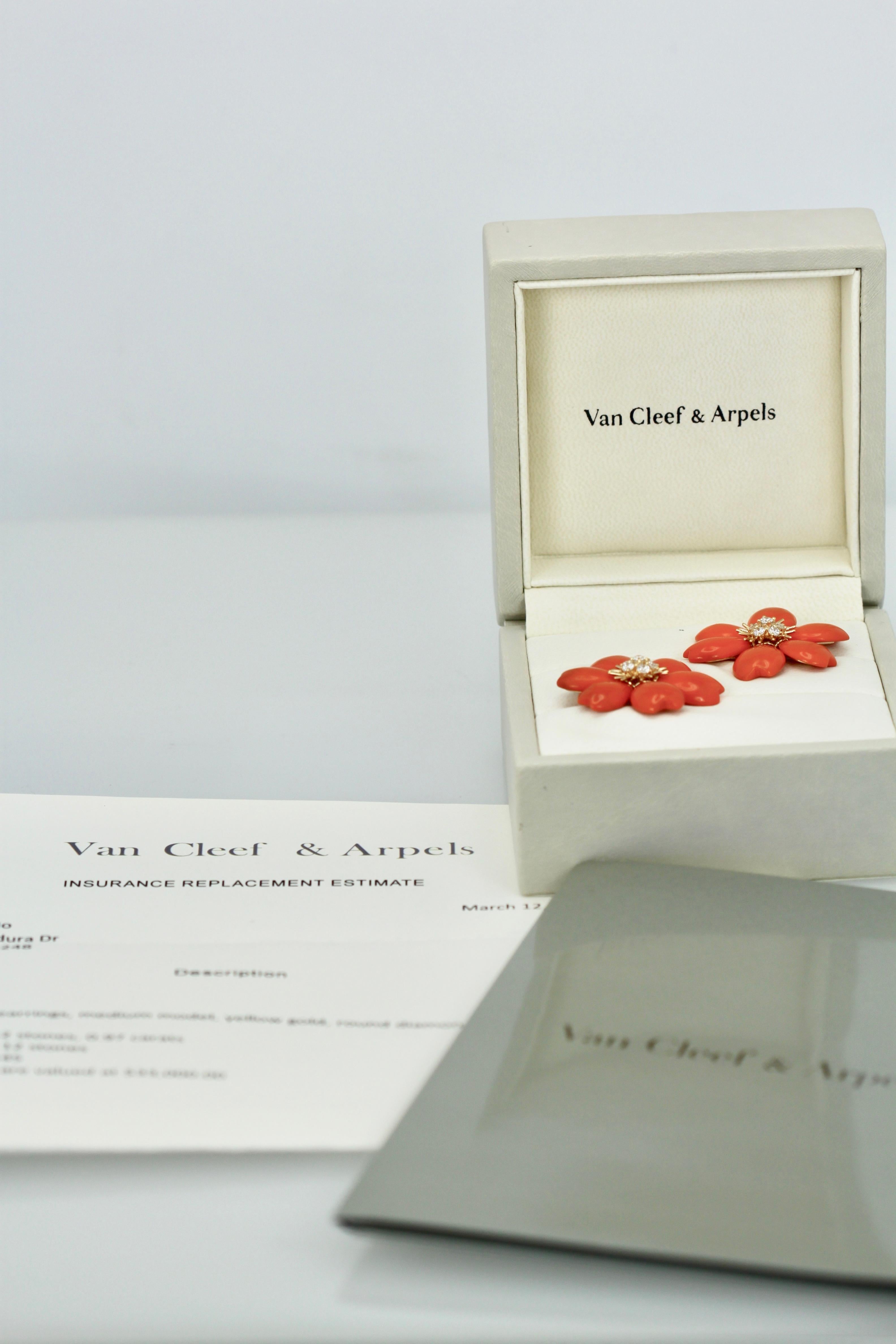Van Cleef & Arpels Diamond Coral Rose de Noel Earrings In Good Condition In North Hollywood, CA