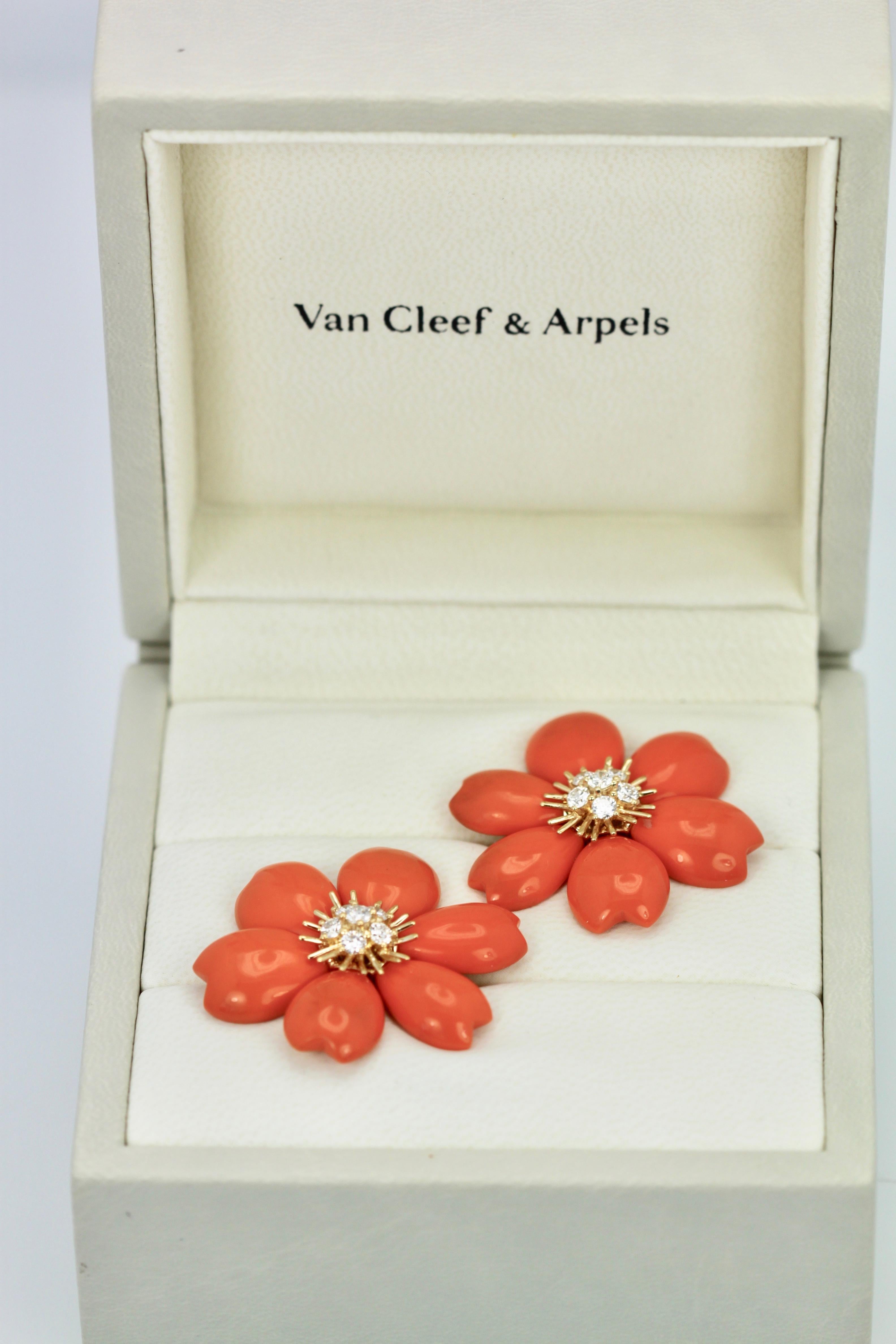 Women's Van Cleef & Arpels Diamond Coral Rose de Noel Earrings