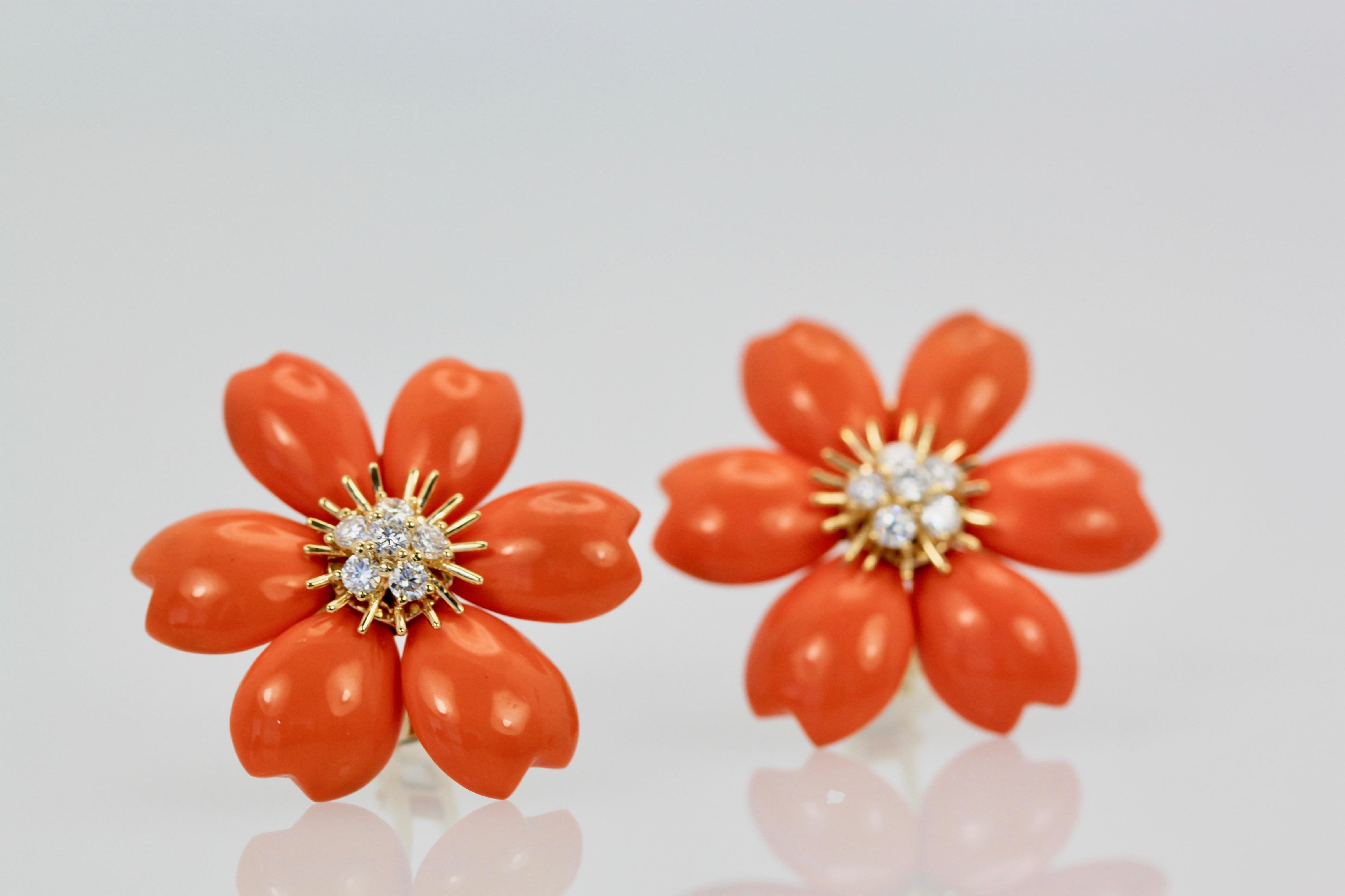 Van Cleef & Arpels Diamond Coral Rose de Noel Earrings 3