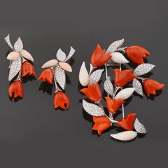 VAN CLEEF & ARPELS Diamond Coral Tulips 18k White Gold Brooch Earrings Suite