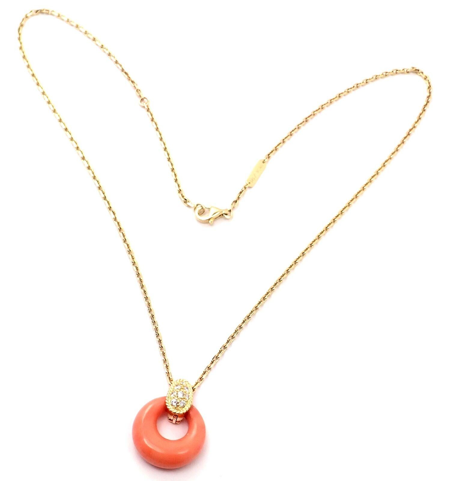 18k Yellow Gold Diamond Coral Pendant Necklace by Van Cleef & Arpels
With 8 round brilliant cut diamonds total weight approx. .22ct 
1 coral
Details:
Measurements: Chain Length 17 3/4