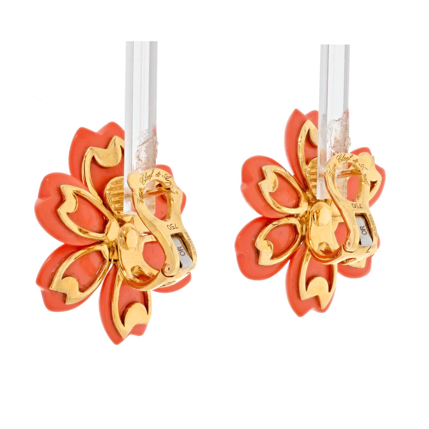 Modern Van Cleef & Arpels Diamond Coral Yellow Gold Rose De Noël Earrings