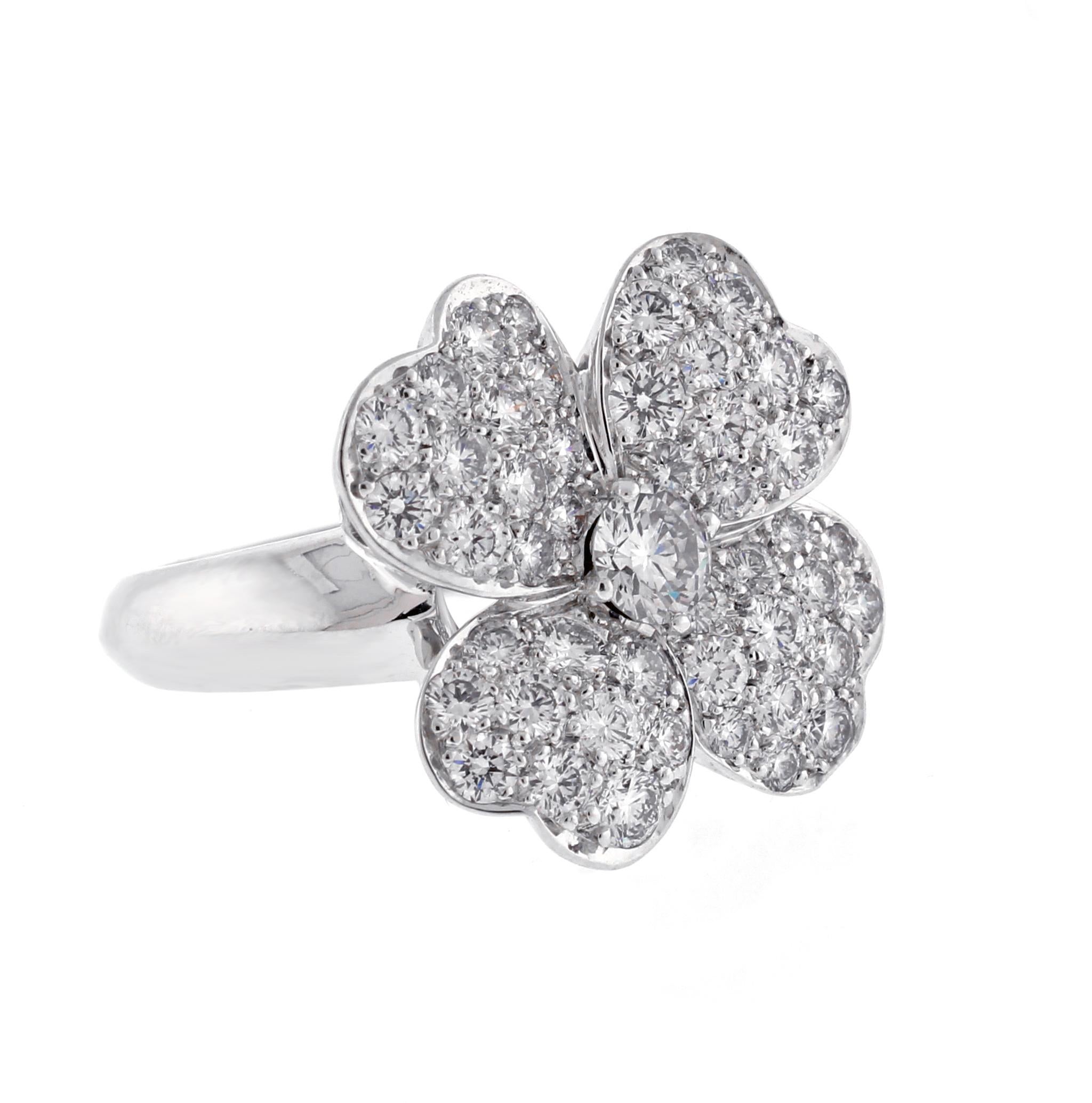 From Van Cleef & Arpels, Cosmos collection thier medium model diamond ring in 18kt white gold.
• Designer: Van Cleef & Arpels
• Metal: 18 karat white gold
• Circa:  2018
• Size: 4 3/4, can be resized
• Diamond: Center diamond .29cts, total diamond