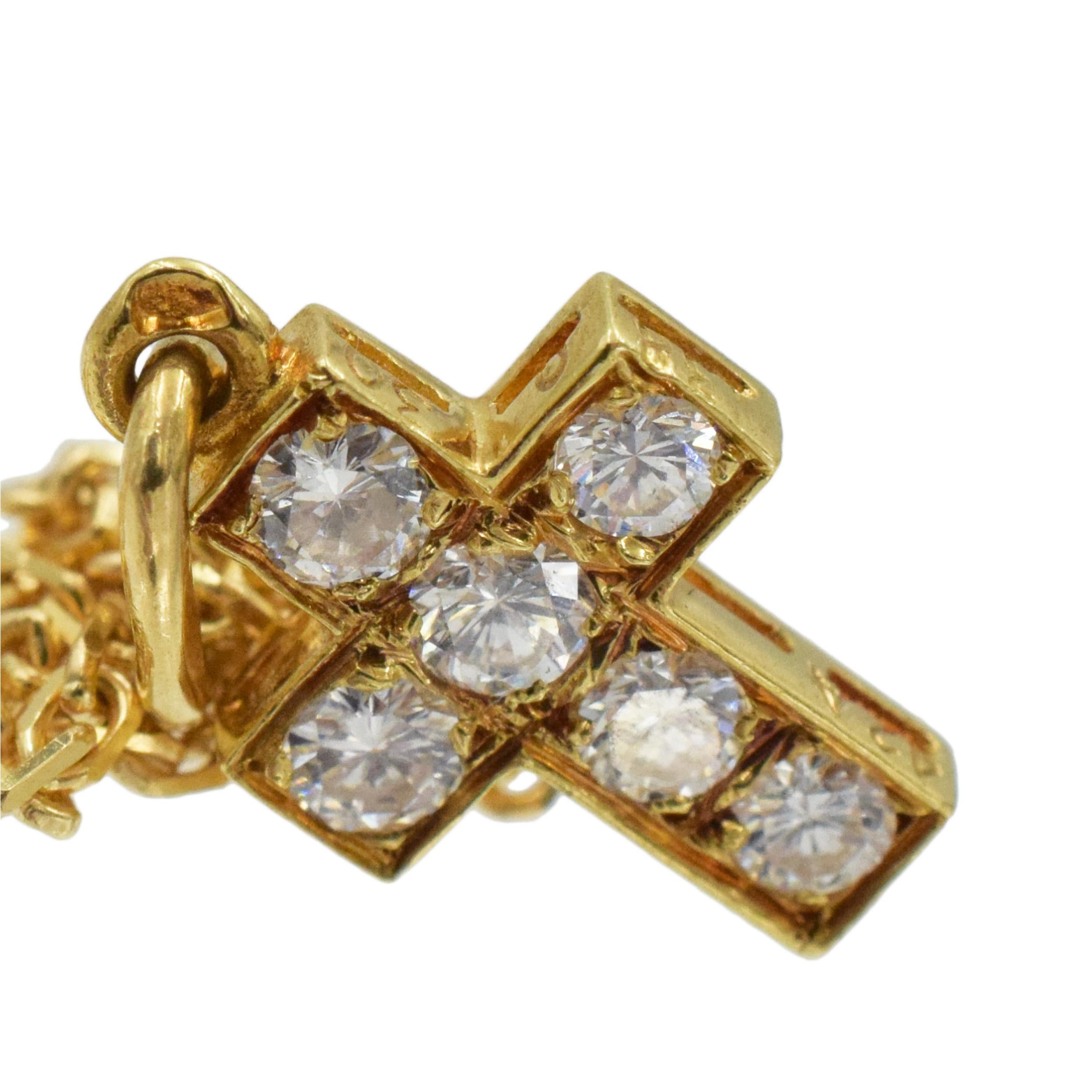 Round Cut Van Cleef & Arpels Diamond Cross Pendant/ Necklace in 18k Yellow Gold