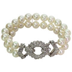 VAN CLEEF & ARPELS Diamond Cultured Pearl White Gold Double Row Bracelet