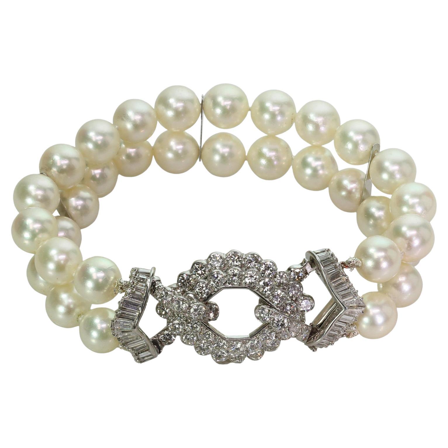 VAN CLEEF &amp;amp; ARPELS Bracelet à double rangée de perles de culture en or blanc et diamants
