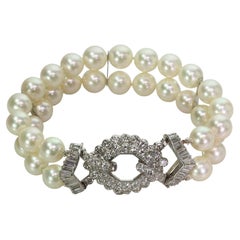 VAN CLEEF & ARPELS Diamond Cultured Pearl White Gold Double Row Bracelet