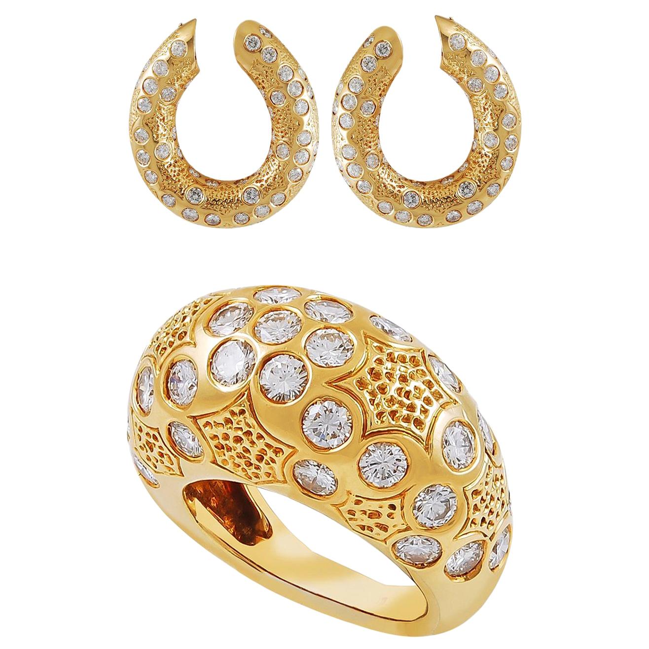 Van Cleef & Arpels Diamond Yellow Gold Demi-Parure Earrings and Ring