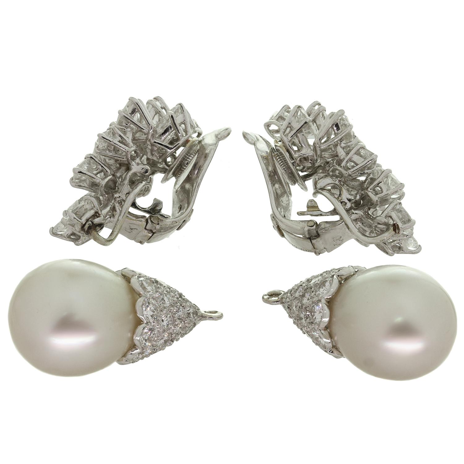 Van Cleef & Arpels Diamond Detachable Cultured Pearl Drop Clip-On Earrings In Excellent Condition For Sale In New York, NY